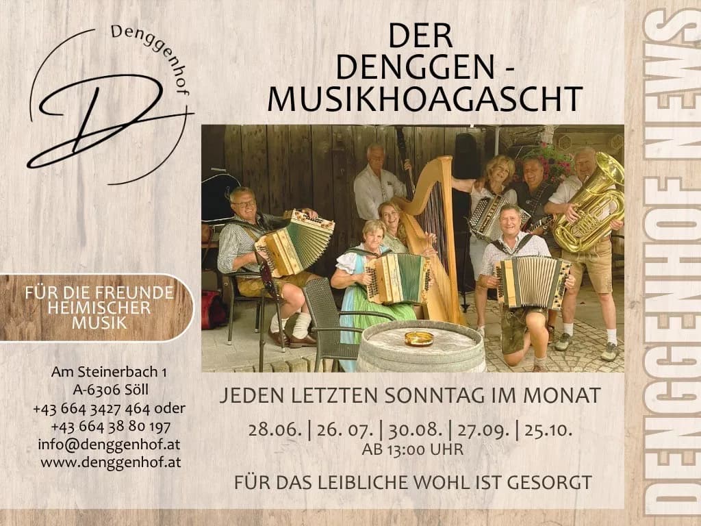 A poster for the B&B Pension Denggenhof with information about a musical event. It features instruments and photos of a group in a rural setting.